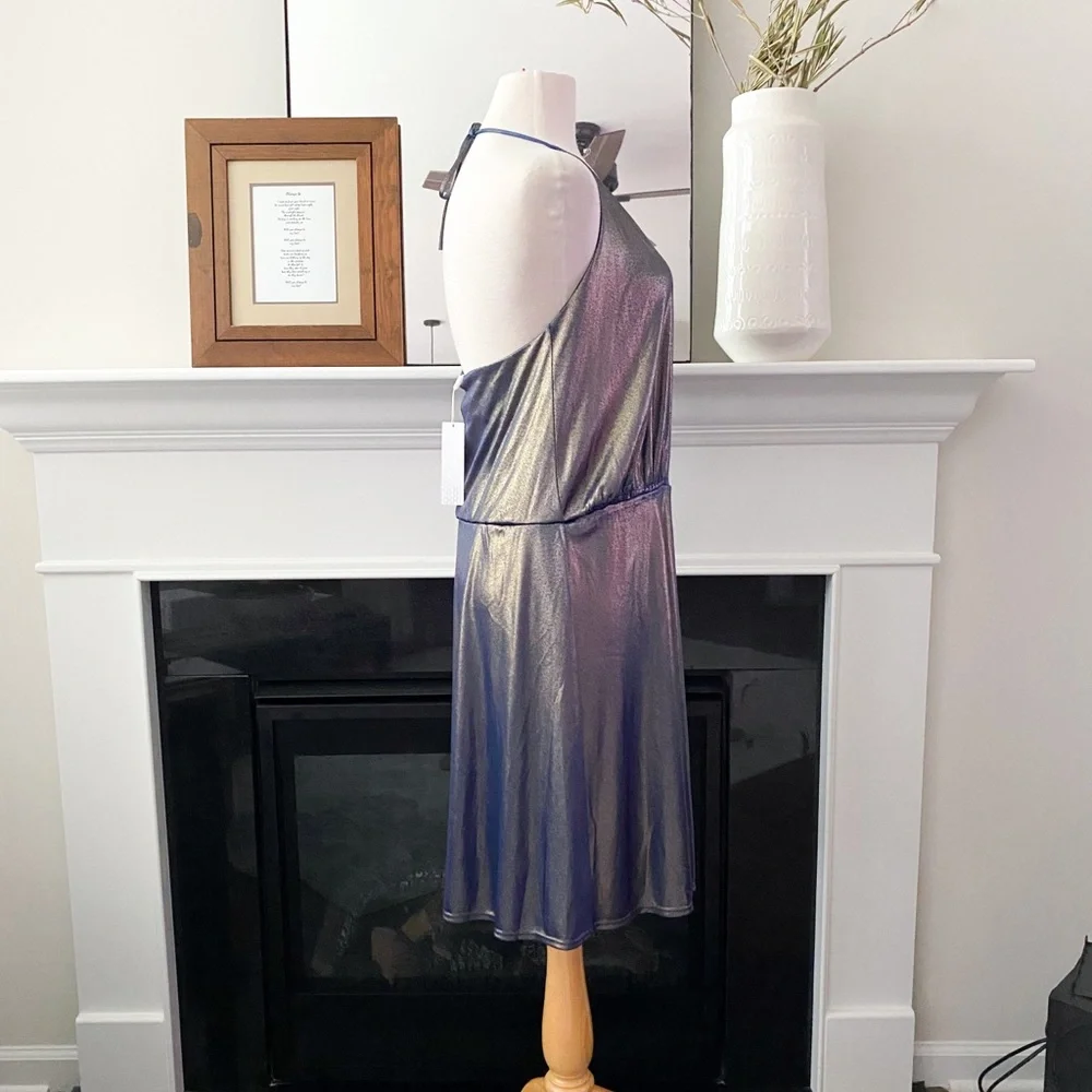 ❗️FINAL PRICE CLOSET CLOSING Halston Heritage Blue Gold Metallic Halter Dress - Picture 5 of 8